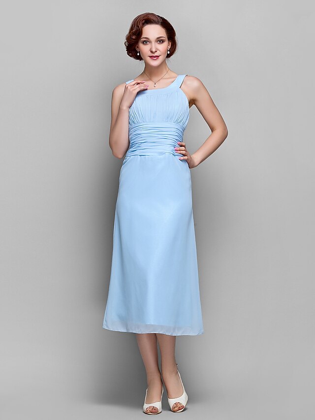  Sheath / Column Straps Tea Length Chiffon Mother of the Bride Dress with Draping / Ruched by LAN TING BRIDE®