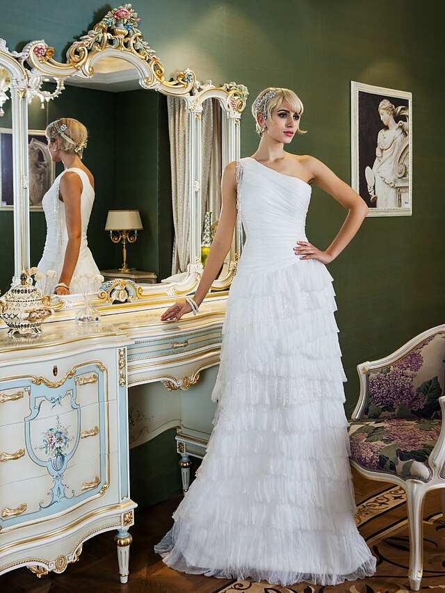  Eng anliegend Ein-Schulter Pinsel Schleppe Chiffon Maßgeschneiderte Brautkleider mit durch / Glanz & Glamour