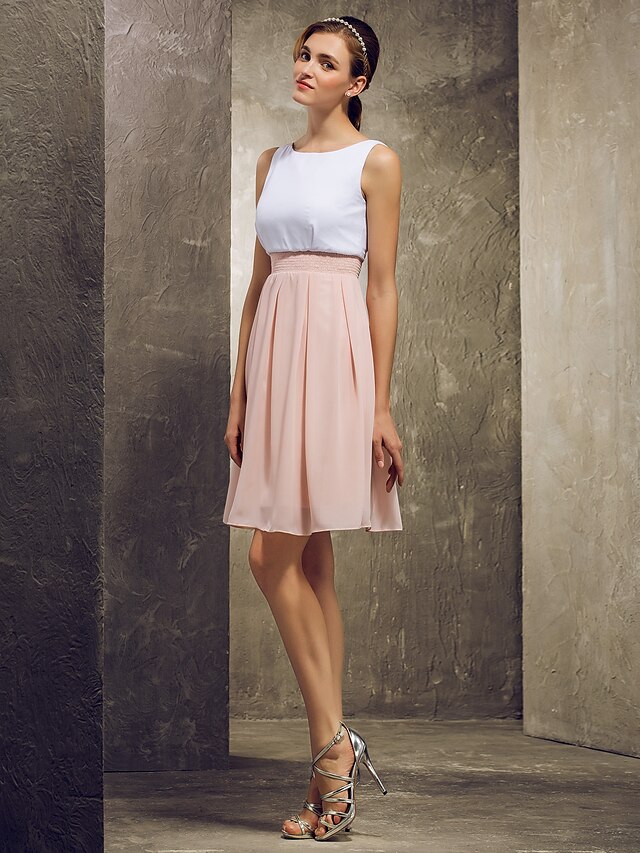  A-Line Bateau Neck Short / Mini Chiffon Bridesmaid Dress with Pleats by LAN TING BRIDE®