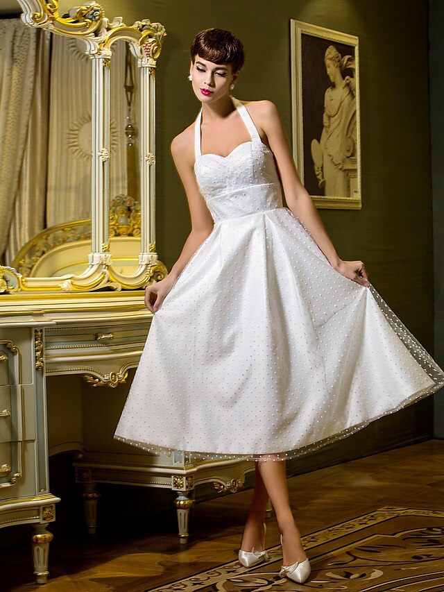  A-linje / Prinsessa Halterneck Telång Tyll Bröllopsklänningar tillverkade med Draperad av LAN TING BRIDE® / Liten vit klänning