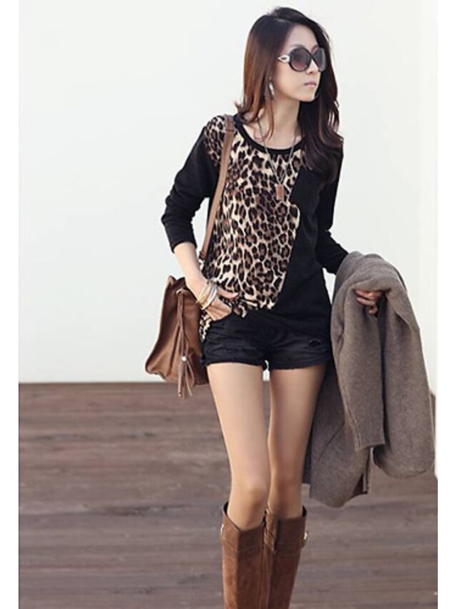  T-shirt Leopard Long Sleeve Tops Black / Maxi