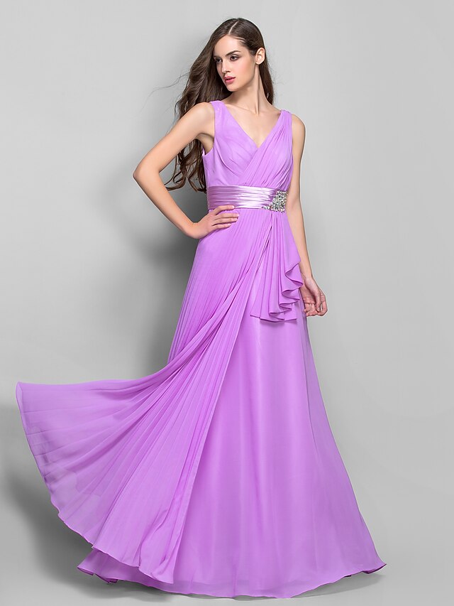  Sheath / Column V Neck Floor Length Chiffon / Stretch Satin Prom / Formal Evening Dress with Crystals / Ruched by TS Couture® / Open Back