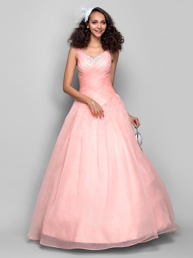  Ball Gown Open Back Dress Prom Formal Evening Floor Length Sleeveless Straps Organza with Criss Cross Ruched Beading 2023