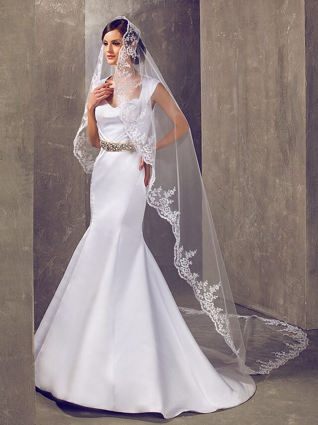  One-tier Chapel Wedding Veil With Lace Applique Edge