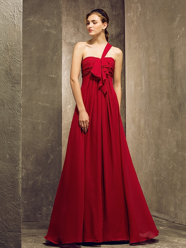  Sheath / Column Bridesmaid Dress One Shoulder Sleeveless Elegant Floor Length Chiffon with Ruched / Ruffles / Draping 2022