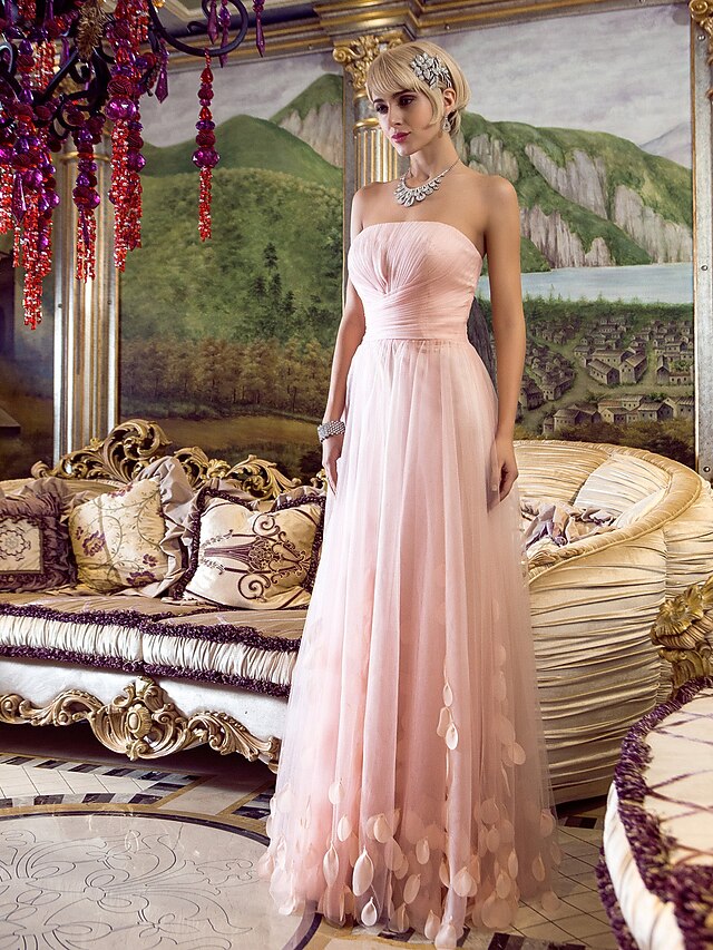 Sheath / Column Strapless Floor Length Tulle Pastel Colors Prom