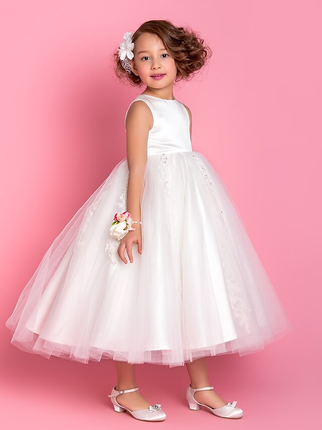  Принцесса Ниже колена Детское праздничное платье Свадьба Милое платье для выпускного вечера Сатин с Бусины Подходит 3-16 лет