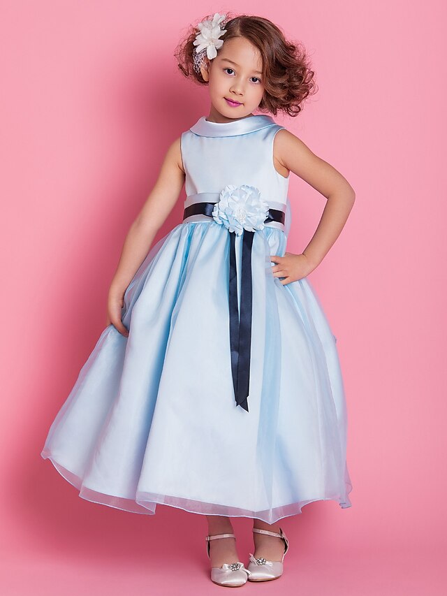  A-Line / Princess Ankle Length Flower Girl Dress - Organza / Satin Sleeveless High Neck with Bow(s) / Sash / Ribbon / Flower by LAN TING BRIDE® / Spring / Summer / Fall / Winter / Wedding Party
