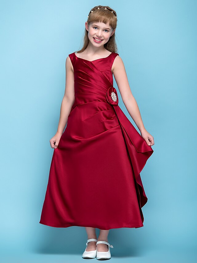  A-Line V Neck Tea Length Satin Junior Bridesmaid Dress with Criss Cross / Flower