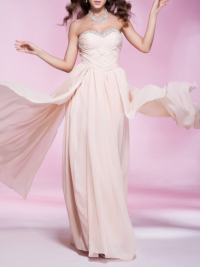  Sheath / Column Elegant Dress Prom Formal Evening Floor Length Sleeveless Sweetheart Chiffon with Criss Cross Pleats Beading 2024