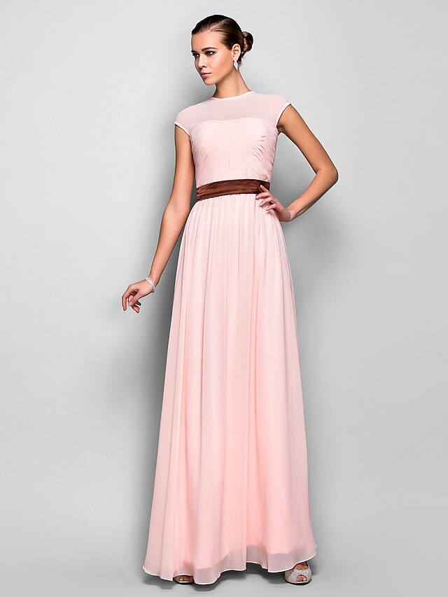  A-Line Elegant Pastel Colors Prom Formal Evening Military Ball Dress Illusion Neck Sleeveless Floor Length Georgette with Sash / Ribbon Side Draping 2021
