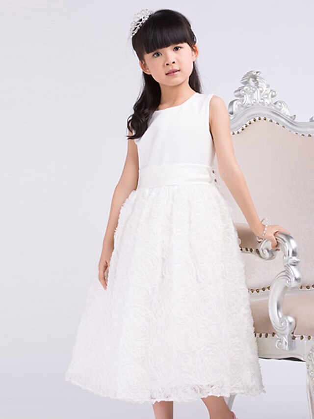  A-Line Tea Length Flower Girl Dress - Satin Tulle Sleeveless Jewel Neck with Lace Sash / Ribbon Pleats by