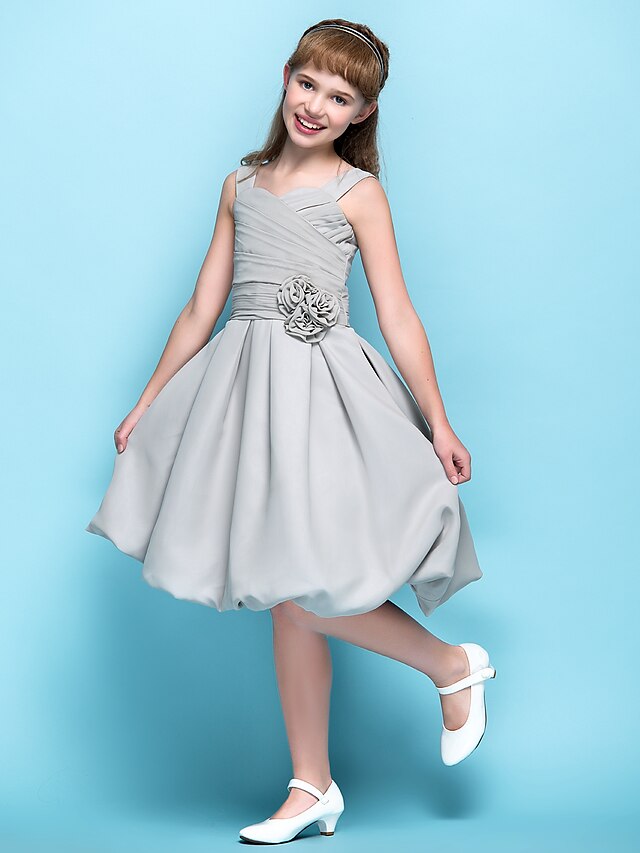  A-Line Straps Knee Length Chiffon Junior Bridesmaid Dress with Criss Cross / Ruched / Flower by LAN TING BRIDE®