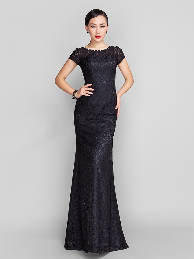  Mermaid / Trumpet Vintage Inspired Dress Prom Sweep / Brush Train Sleeveless Illusion Neck Lace with Beading 2022