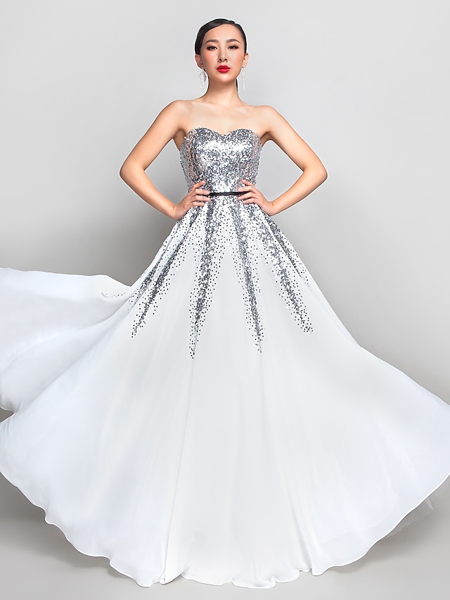  A-Line Elegant Dress Prom Formal Evening Floor Length Sleeveless Sweetheart Chiffon with Sash / Ribbon Sequin 2024