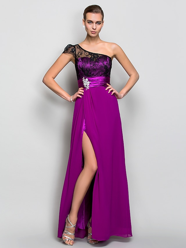  A-Line Open Back Dress Formal Evening Military Ball Floor Length Sleeveless One Shoulder Georgette with Lace Ruched Crystals 2023
