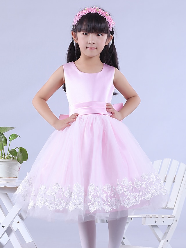  A-Line Ball Gown Princess Knee Length Flower Girl Dress - Satin Tulle Sleeveless Scoop Neck with Bow(s) by ELLIE'S BRIDAL