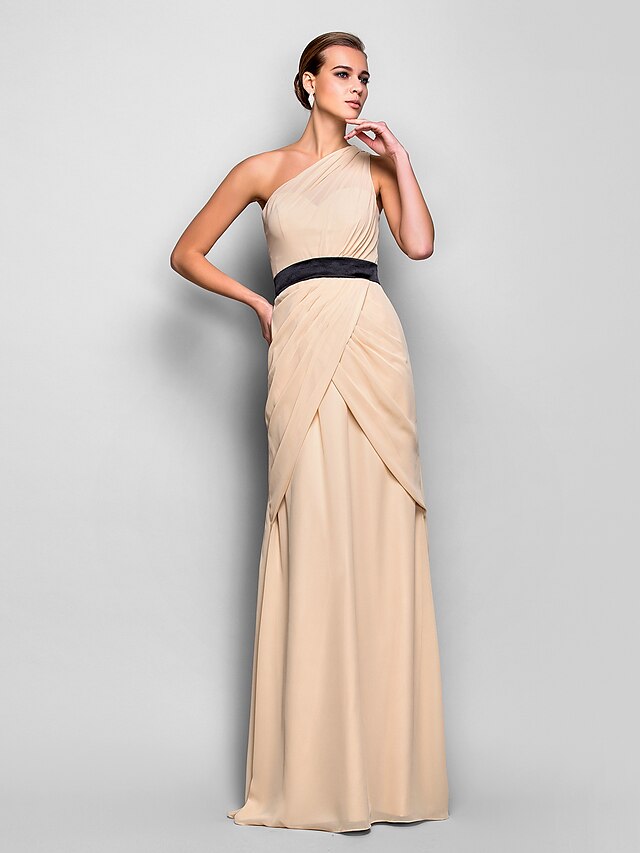  Sheath / Column One Shoulder Floor Length Chiffon Dress with Side Draping / Criss Cross by TS Couture®