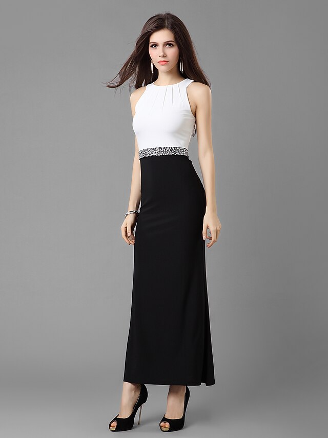 Sheath / Column Jewel Neck Ankle Length Jersey Dress with Beading by