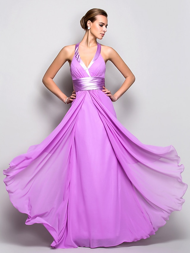  A-Line Open Back Dress Prom Floor Length Sleeveless Halter Neck Georgette with Criss Cross Ruched 2022 / Formal Evening