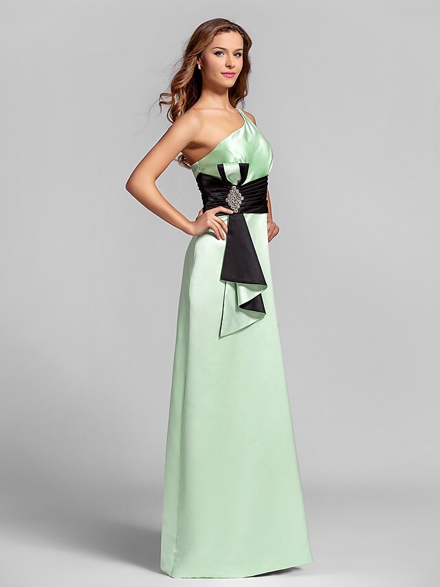  A-Line One Shoulder Floor Length Satin Bridesmaid Dress with Crystal Brooch / Ruched by LAN TING BRIDE®