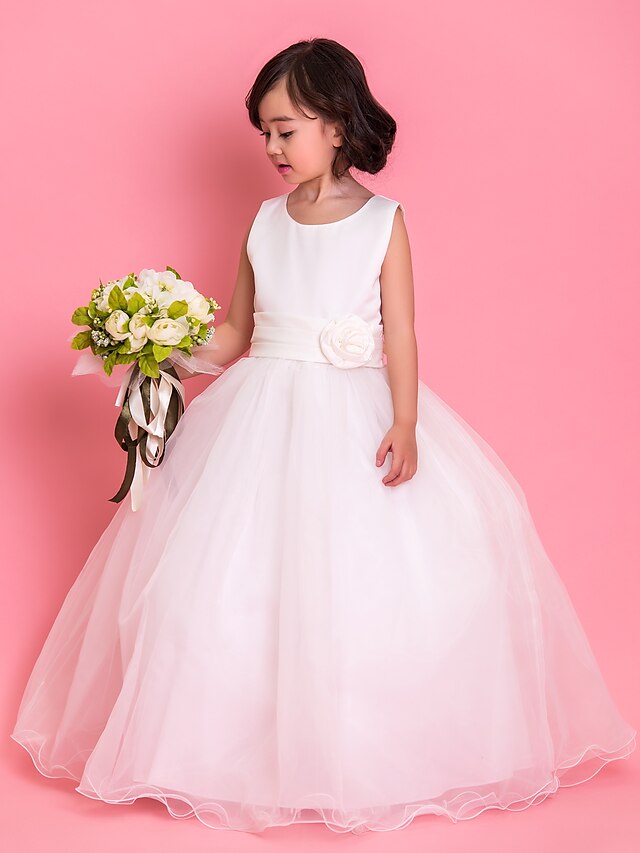  A-Line Ankle Length Flower Girl Dress - Satin Tulle Sleeveless Jewel Neck with Bow(s) Lace Sash / Ribbon Pleats Ruffles by