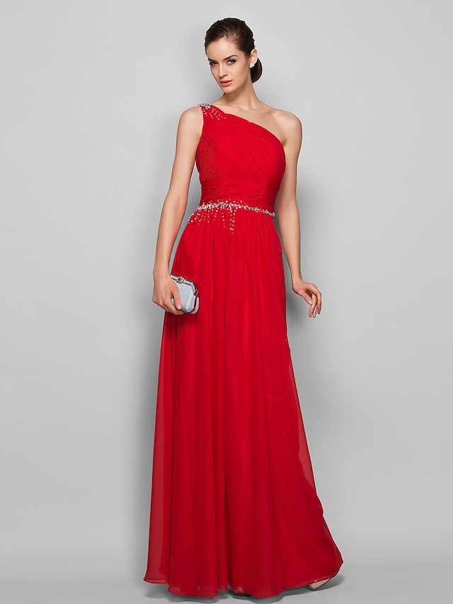  Sheath / Column Minimalist Dress Prom Floor Length Sleeveless One Shoulder Chiffon with Ruched Beading  / Formal Evening