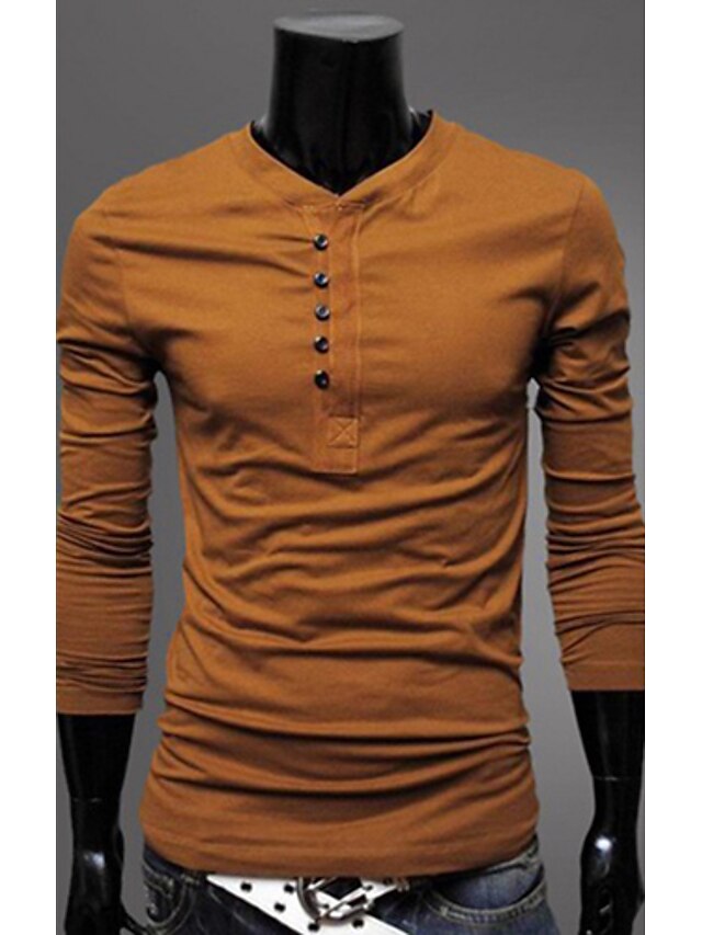  Men's Casual Single Breast Long Sleeve Round Neck T Shirt