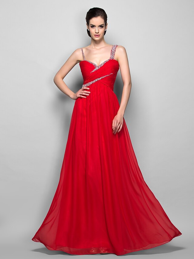  Sheath / Column Open Back Prom Formal Evening Dress Straps Sleeveless Floor Length Chiffon with Criss Cross Beading 2020