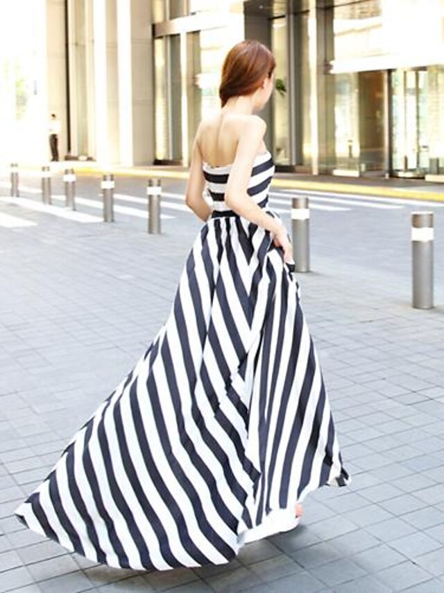  Cute A Line Swing Maxi Dress, Striped Pleated Strapless Sleeveless