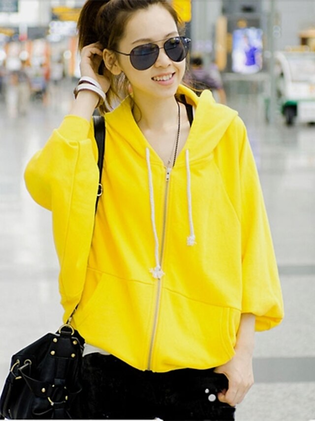  Coréen pur Manteau Couleur Zipper capuche Lizi femmes (jaune)