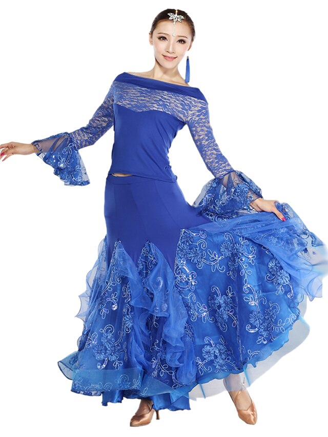  Ballroom Dance Dresses Women's Training Lace / Satin / Tulle Embroidery / Lace Long Sleeve Natural / Modern Dance / Performance