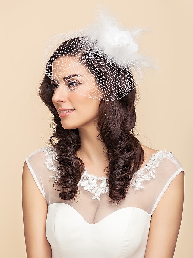  One-tier Wedding Veil Blusher Veils / Birdcage Veils with Feather / Satin Flower Tulle A-line, Ball Gown, Princess, Sheath / Column, Trumpet / Mermaid