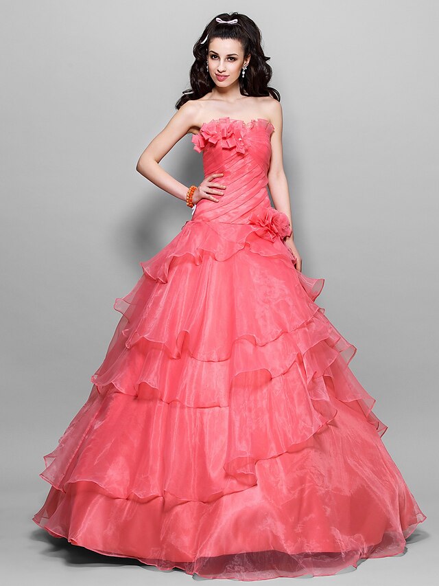  Ball Gown Vintage Inspired Quinceanera Prom Formal Evening Dress Strapless Sleeveless Floor Length Organza with Ruffles Side Draping Flower 2020