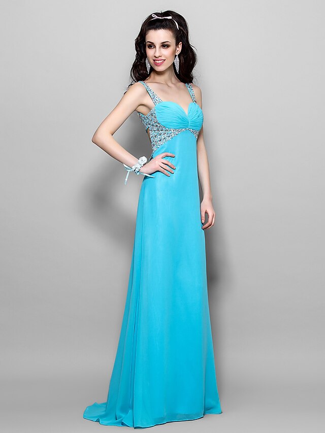  A-Line Beautiful Back Dress Prom Formal Evening Floor Length Sleeveless Sweetheart Chiffon with Ruched Crystals 2024
