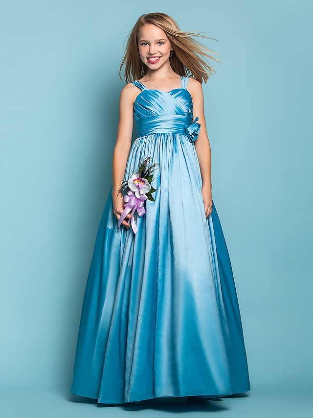  A-Line / Princess Straps Floor Length Taffeta Junior Bridesmaid Dress with Sash / Ribbon / Criss Cross / Flower by LAN TING BRIDE®