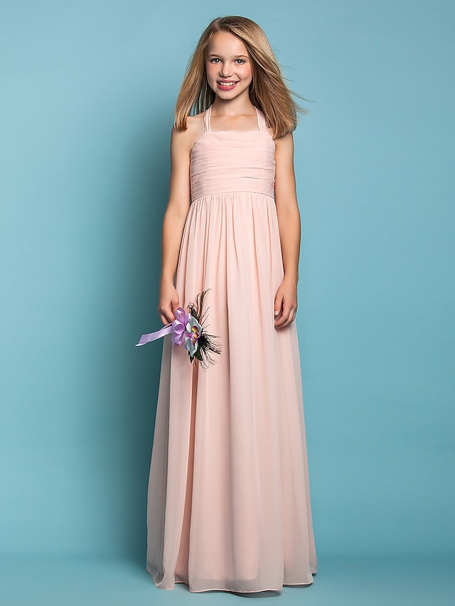  Ίσια Γραμμή Μακρύ Λαιμός Σιφόν Καλοκαίρι Junior Bridesmaid Dresses & Gowns Με Πιασίματα Παιδικό γαμήλιο φόρεμα καλεσμένων 4-16 ετών