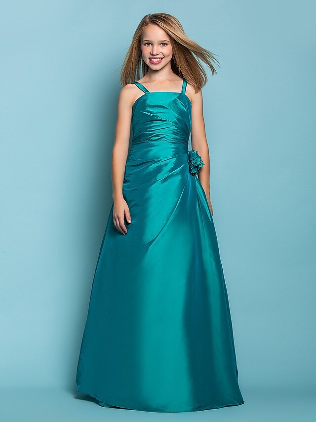  Princess / A-Line Spaghetti Strap Floor Length Taffeta Junior Bridesmaid Dress with Side Draping / Flower