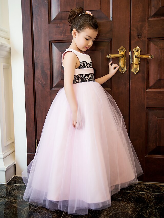 A-Line Ankle Length Flower Girl Dress - Lace / Satin / Tulle Sleeveless Jewel Neck with Lace / Flower / Pleats by LAN TING BRIDE® / Spring / Summer / Fall / Formal Evening / Wedding Party