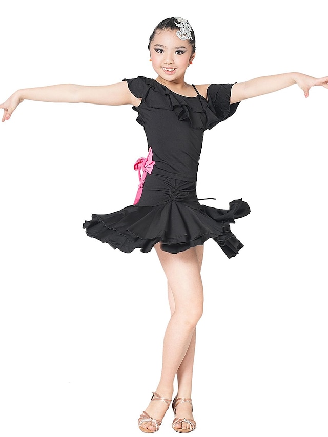  Viscose Dancewear Com Ruffle e bowknot Desempenho Dança Latina Vestido Para crianças mais cores