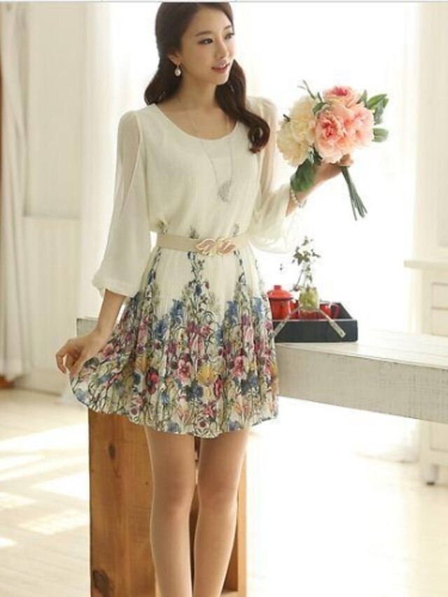  Women's Ruffle Going out Puff Sleeve Mini A Line Dress - Floral Pleated Spring White Black Yellow