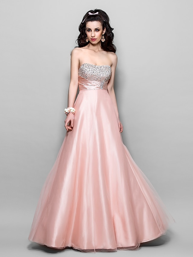  A-Line / Princess Strapless Floor Length Tulle / Stretch Satin Prom / Formal Evening Dress with Beading / Ruched by TS Couture®