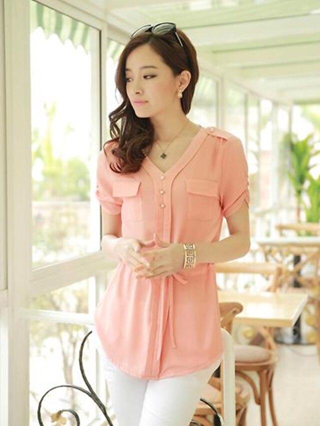  Women's Fashion V-neck Loose Chiffon Blouse