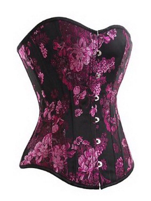  Women's Cotton Hook & Eye Overbust Corset - Floral, Print Purple S M L / Going out / Club / Sexy