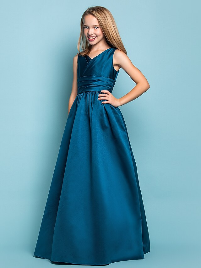Princess Floor Length V Neck Satin Summer Junior Bridesmaid Dresses ...