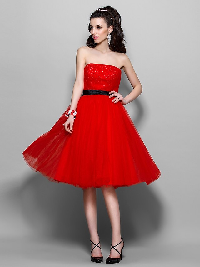  A-Line 1950s Holiday Homecoming Cocktail Party Dress Strapless Sleeveless Knee Length Tulle with Sash / Ribbon Draping 2020
