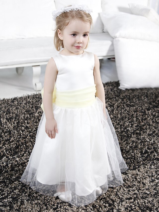  Prinzessin Boden-Länge Blumenmädchenkleid Erstkommunion Süßes Ballkleid Satin mit Schärpe / Band Fit 3-16 Jahre