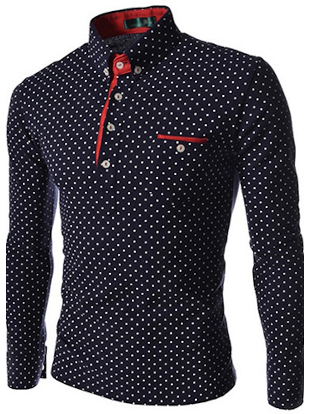  Debe Men's Lapel Neck Polka Dots Long Sleeve T-Shirt