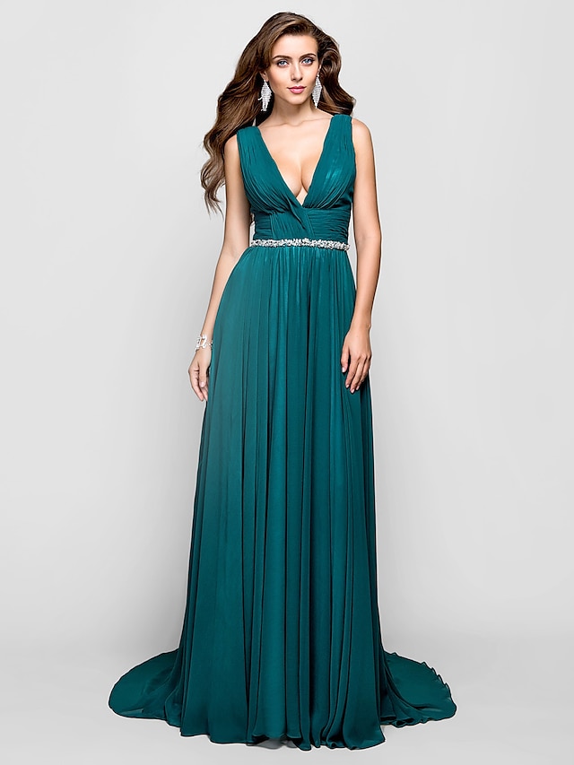  A-Line Open Back Dress Formal Evening Military Ball Sweep / Brush Train Sleeveless V Neck Chiffon with Ruched Crystals 2024