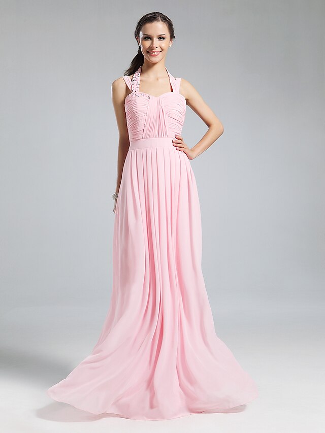  Sheath / Column Bridesmaid Dress Halter Neck Sleeveless Elegant Floor Length Chiffon with Pleats / Ruched / Beading 2022